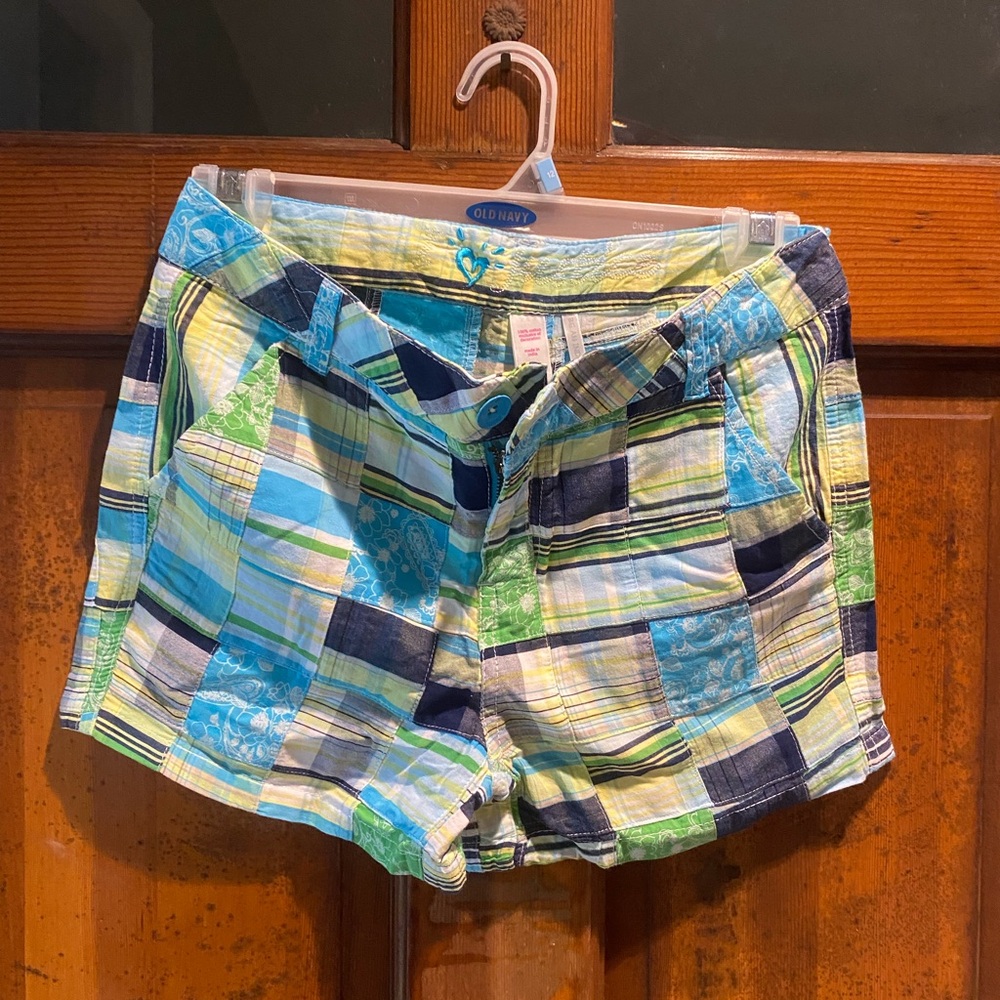 Justice Girls Patchwork Plaid Shorts in Blue, Green & Navy